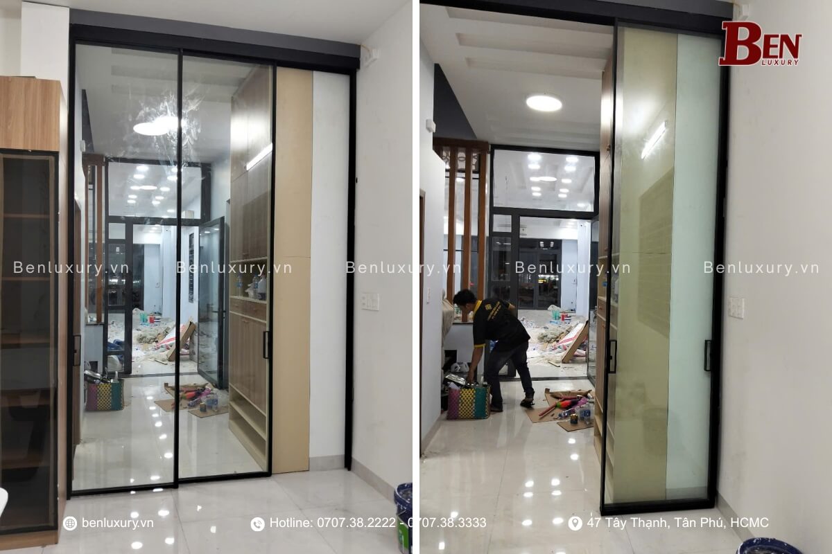 Hoàn Thiện Bộ Cửa Lùa Nhôm Slim Ray Trên Không Ray Dưới Hiện Đại Từ Benluxury