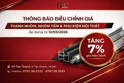 Thông Báo Tăng 7% Giá Thanh Nhôm, Nhôm Tấm Và Phụ Kiện Nội Thất Từ 12/03/2026