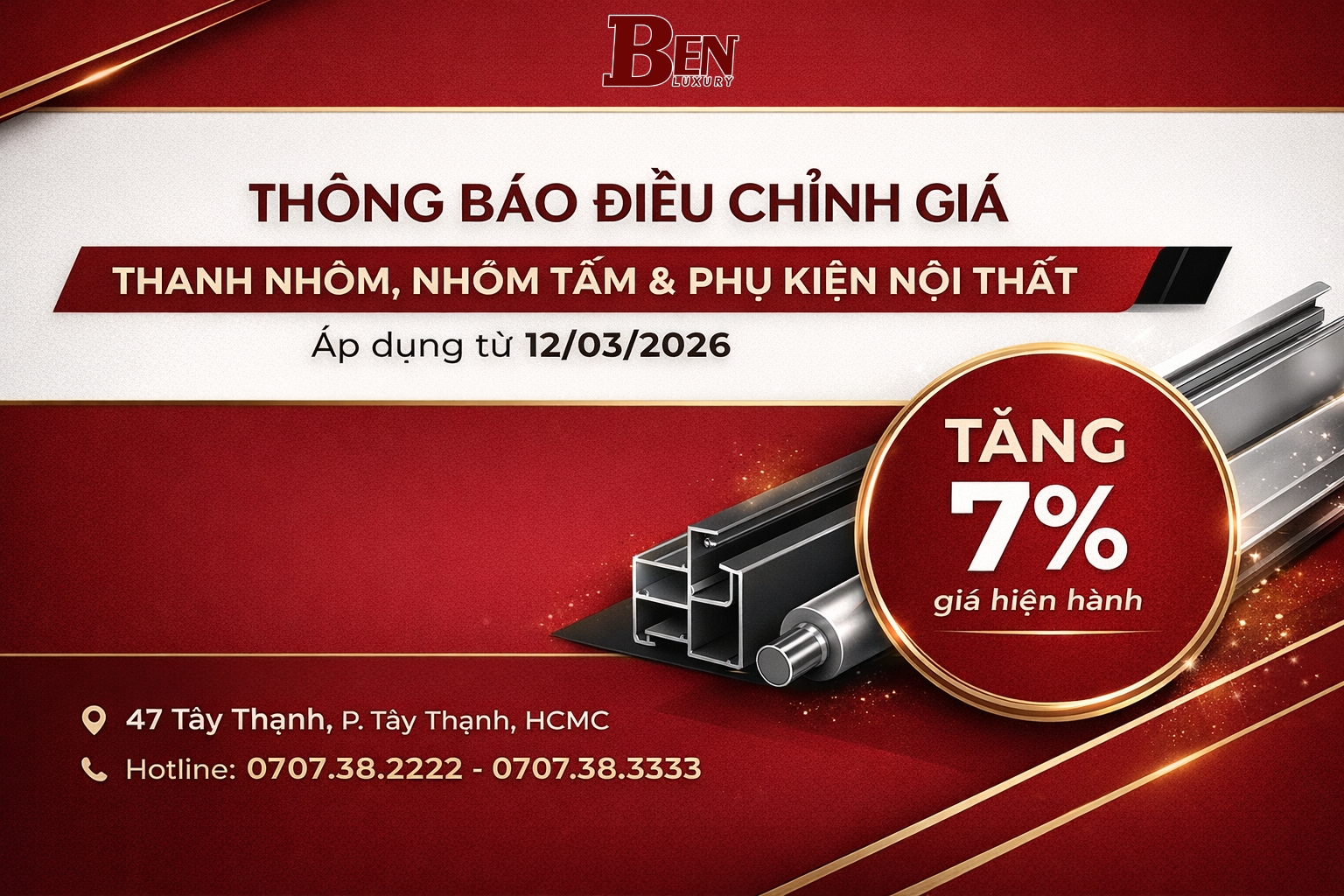 Thông Báo Tăng 7% Giá Thanh Nhôm, Nhôm Tấm Và Phụ Kiện Nội Thất Từ 12/03/2026