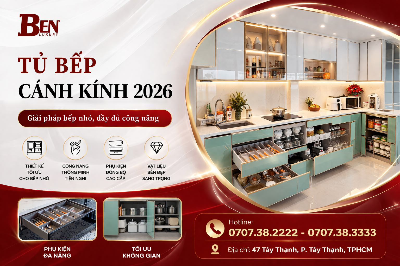 Tủ Bếp Cánh Kính 2026 - Giải Pháp Tối Ưu Cho Bếp Nhỏ Đầy Đủ Công Năng 